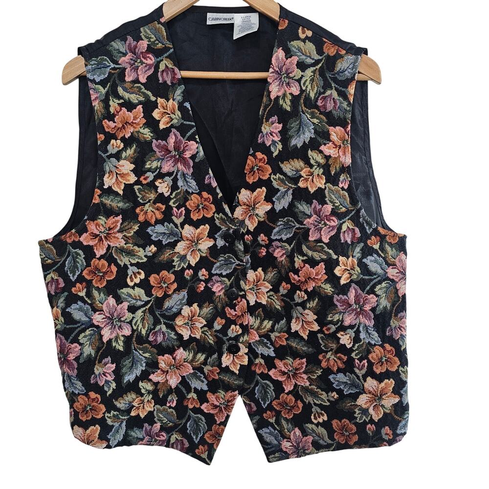 Vintage Floral Vest Womens XL Black 90s Y2K Granny Boho Indie Whimsygoth Cottage